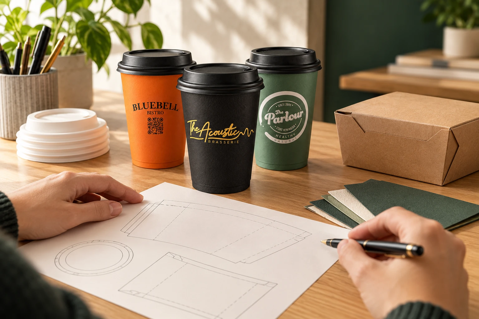 Packaging sample discussion with previous customer cup designs.