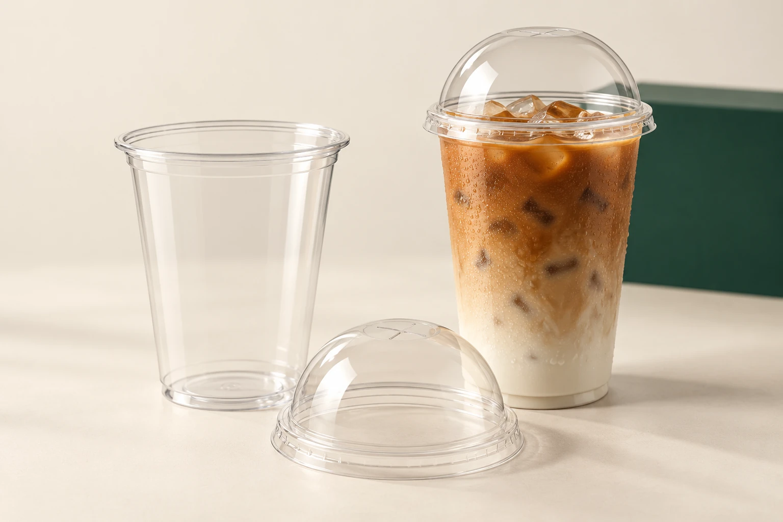 Clear cold drink cups and dome lids, including an iced latte serving example.