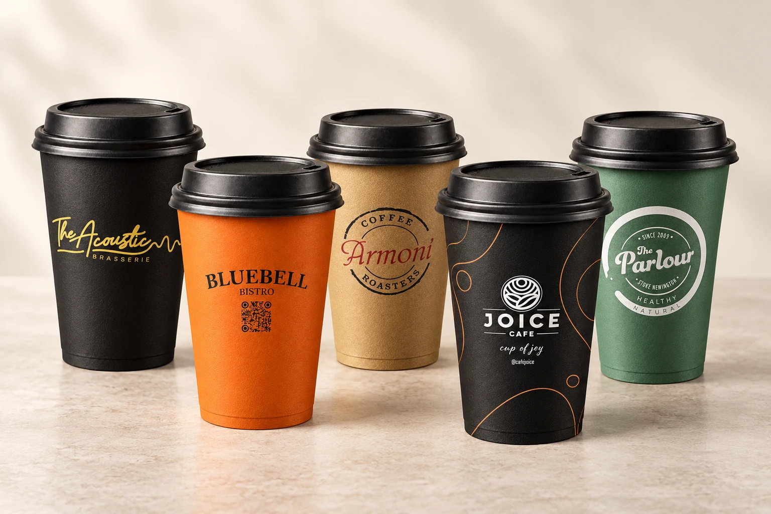 Custom printed cup designs for The Acoustic, Bluebell Bistro, Armoni Coffee, The Parlour and Joice Cafe.