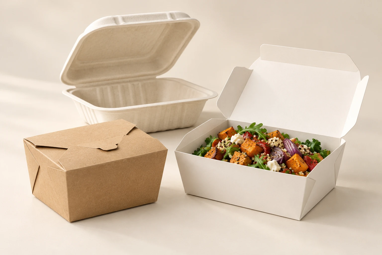 Brown and white takeaway cartons with a moulded fibre food box.