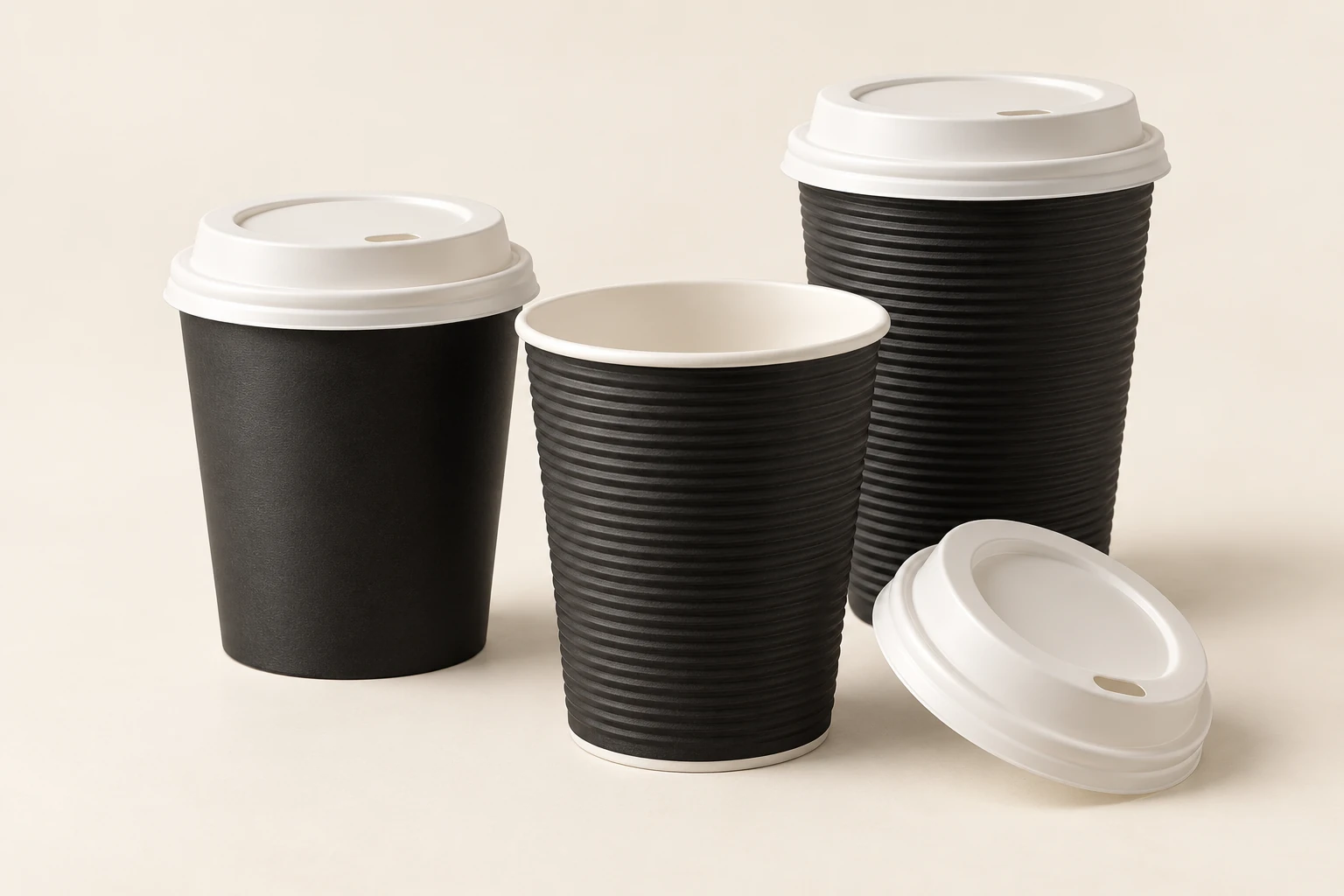 Black hot drink cups with smooth and ripple walls, shown with white takeaway lids.