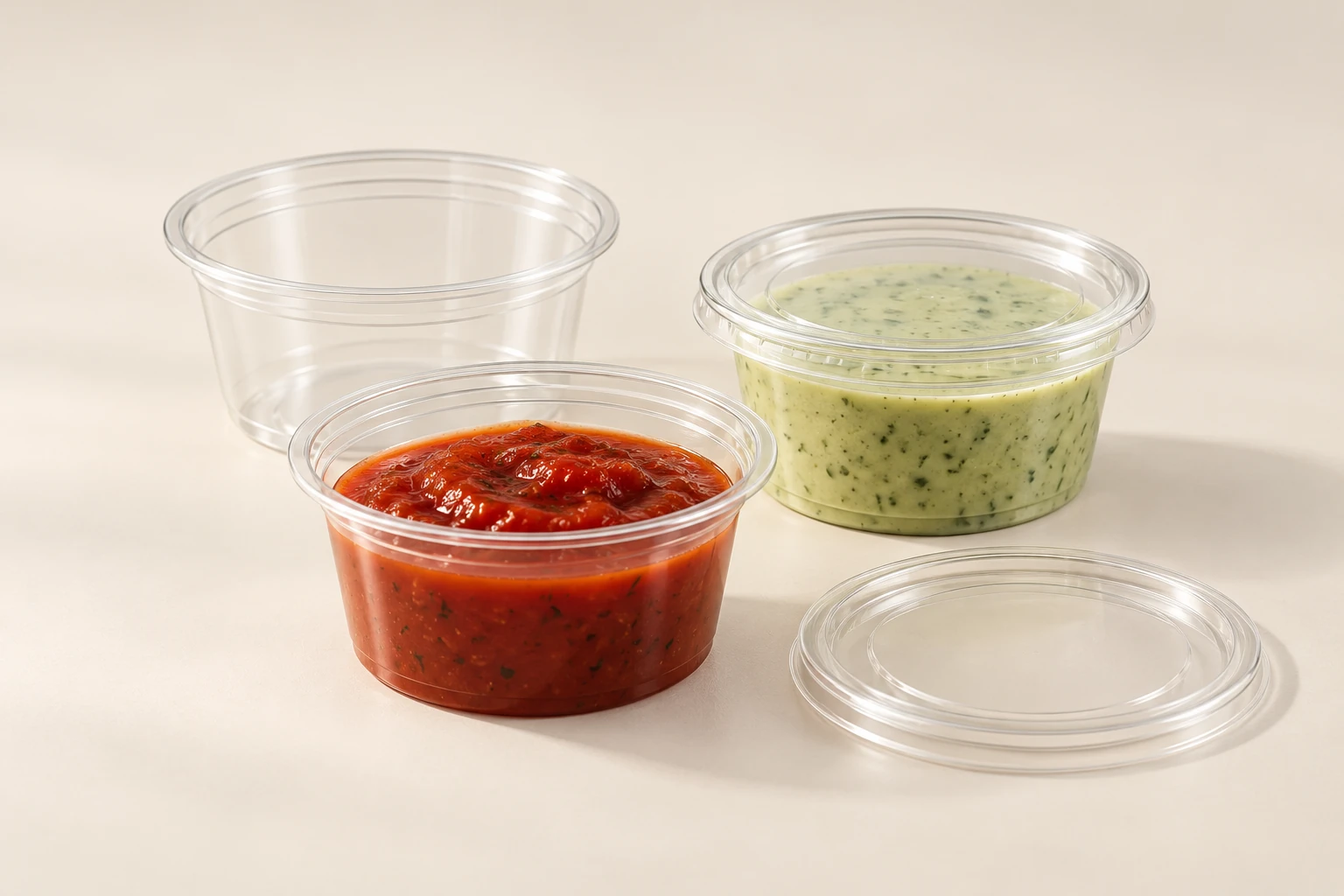 Clear portion pots and lids for sauces and dressings.