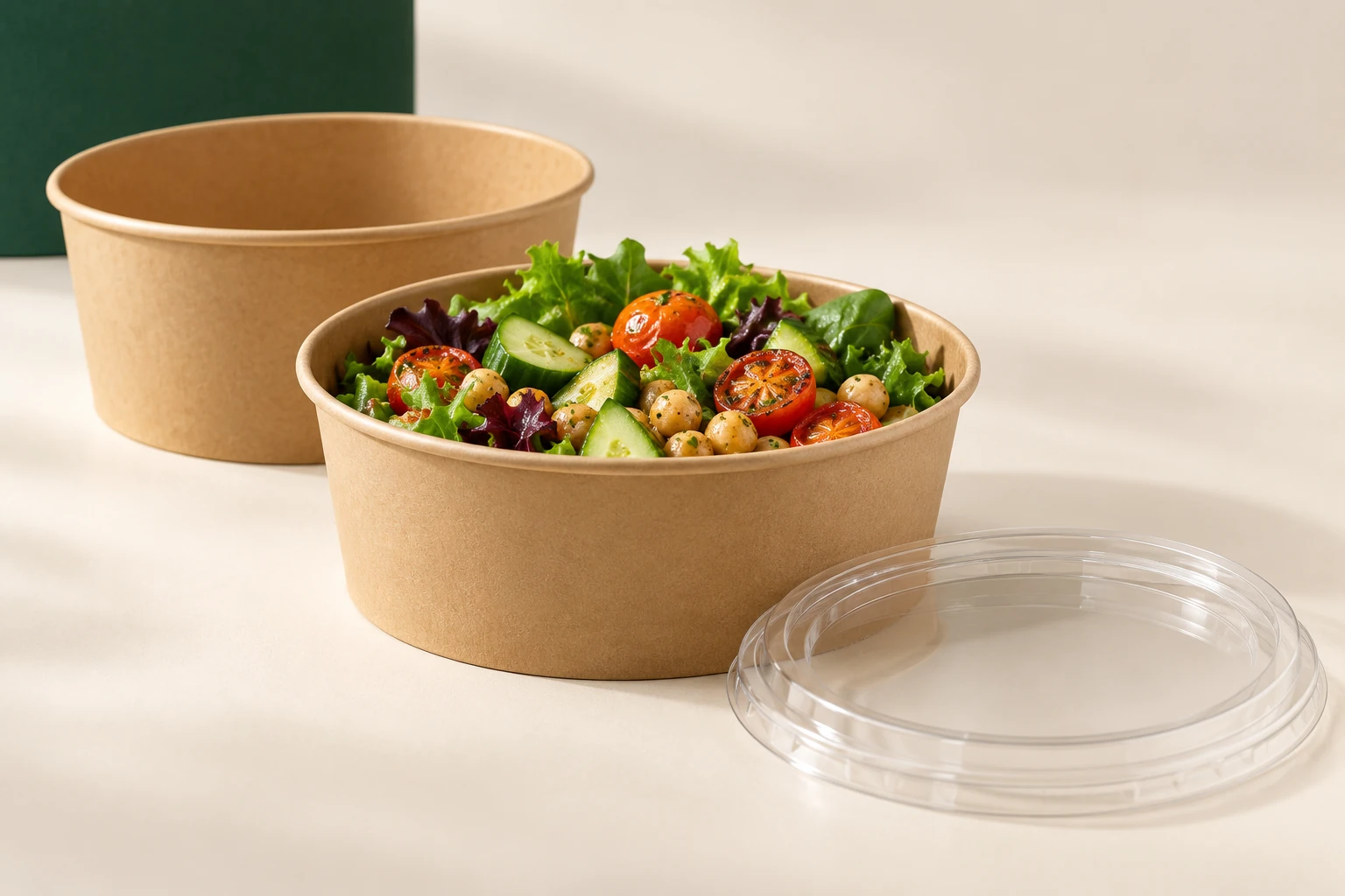 Kraft salad bowl design examples with a separate clear lid.