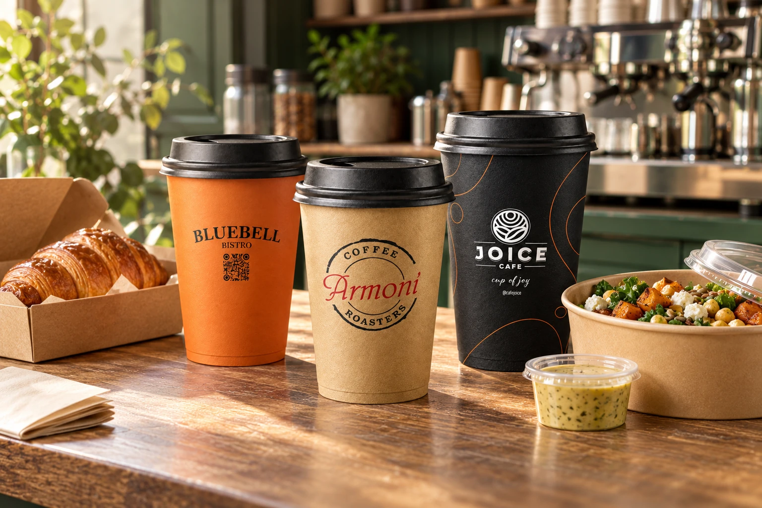 Customer cup designs and takeaway packaging in an illustrative cafe setting.